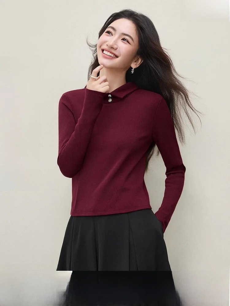 

Red Fce-Lined Slim Fit Women's Base irt Winter New Sle Turn-down Collar Knitted Top Faionable Casual Long Sve Tee