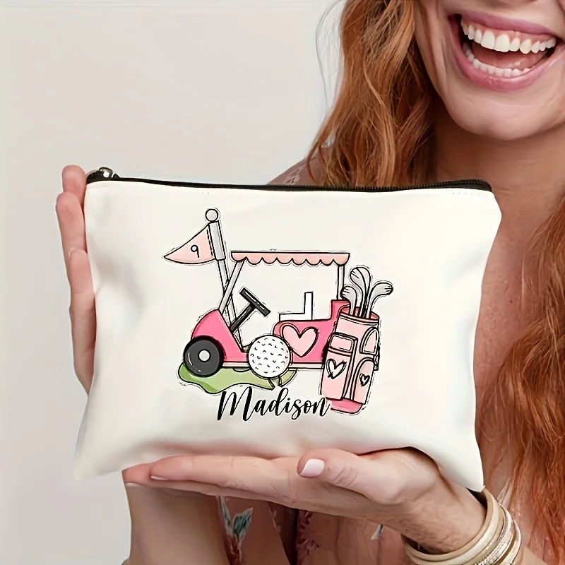 

Golf Themed Cosmetic Pouch with Your Name Slogan Zippered Foldable Case Suitable for Golf Outfits Washable with Illustrations