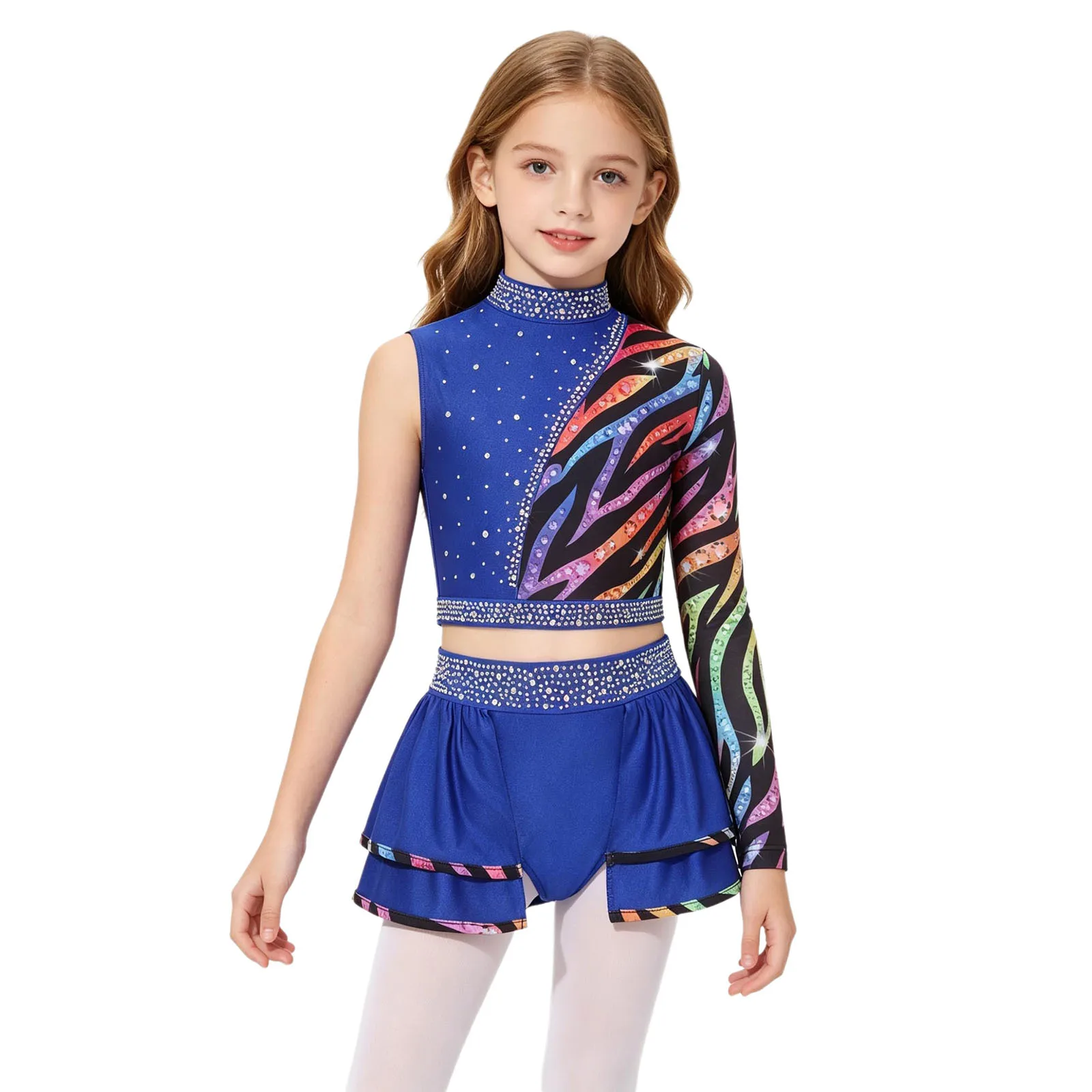 

Kids Girls Rhinestones Ballet Sets Jazz Dance Outfit Asymmetrical Sleeve Long Sleeve Crop Top with Skirt for Ice Skating Dance