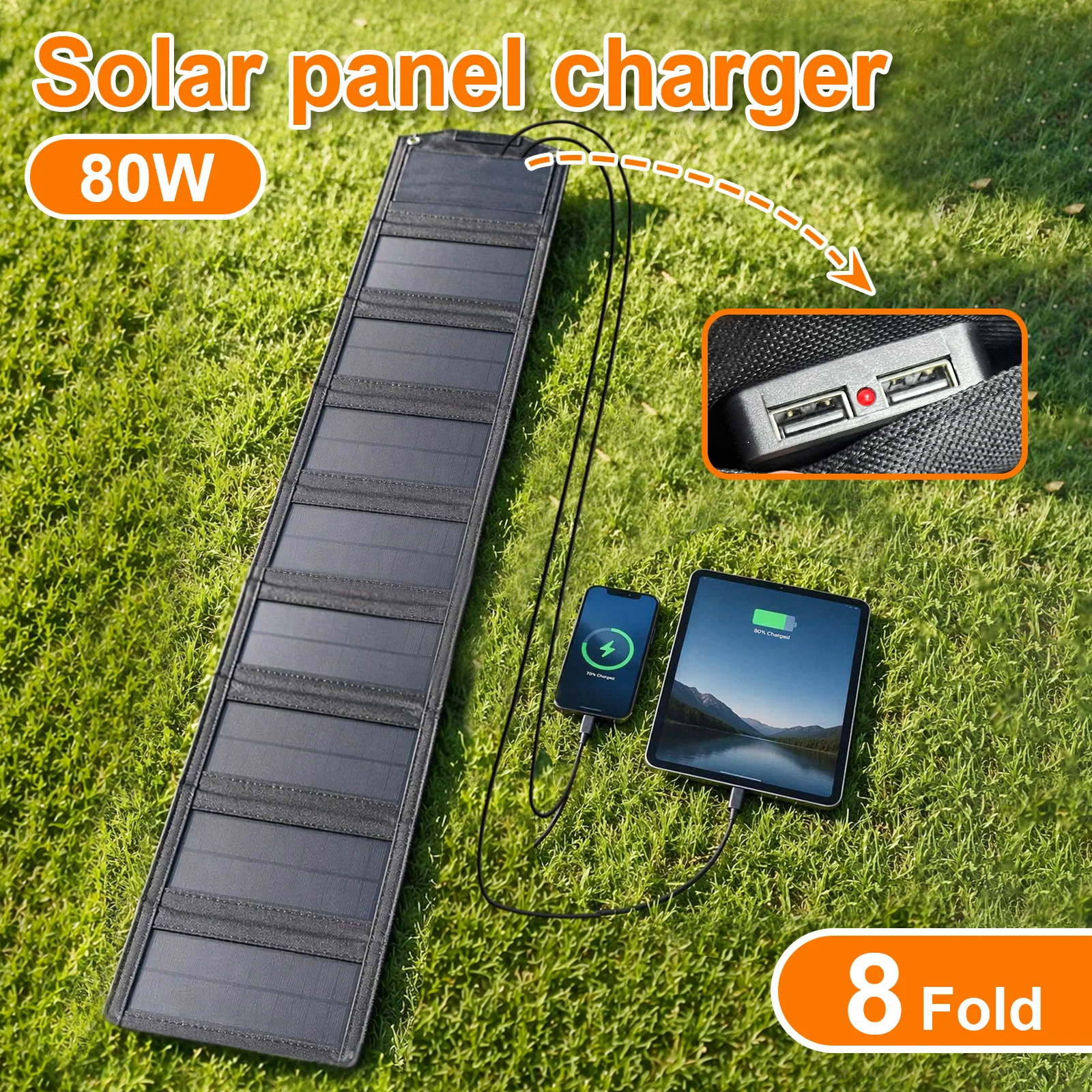 80W Solar Panel Fast Charger, 8-Foldable Portable Lightweight Dual USB Solar Phone Charger for Outdoor Emergency,Camping