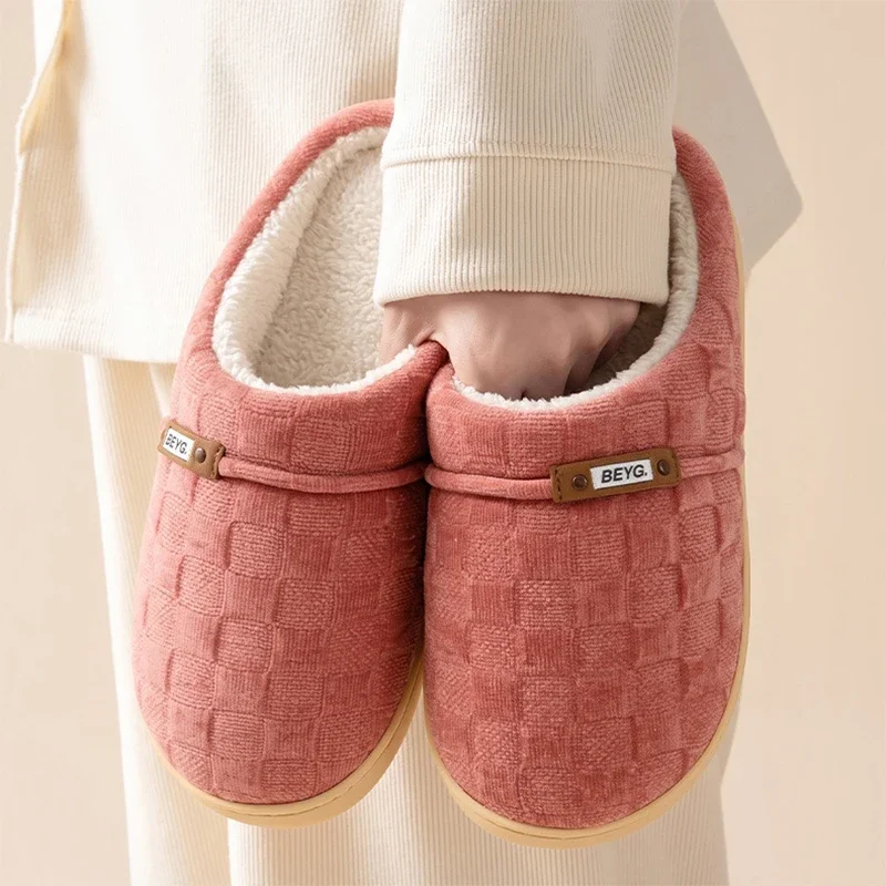 Warm Plush Non Slip Home Slippers for Daddy Mommy Winter 2026 Thicken Fluffy Cotton Padded Indoor Shoes Women Plus Size 45 Slide