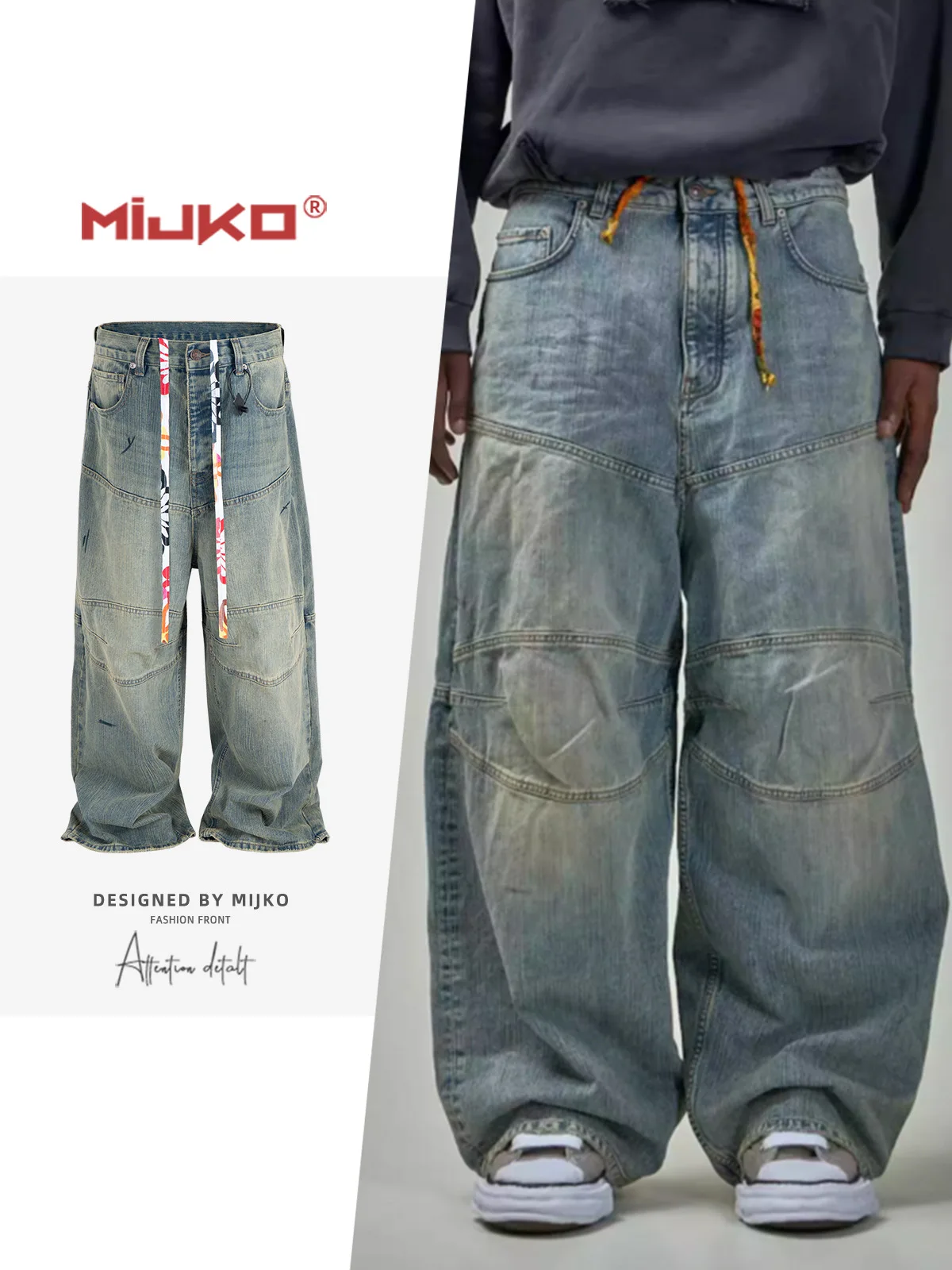 MIJKO ผู้ชาย BAGGY กางเกงยีนส์ฤดูใบไม้ผลิฤดูร้อนแฟชั่นหลวม High Street กางเกง ZJ098