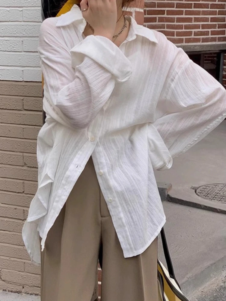 

Fashion Vintage Shirts Solid Color Long Sleeve See Through Protection Blouses Loose Simple Tops 2025 Lazy Style Women Clothing