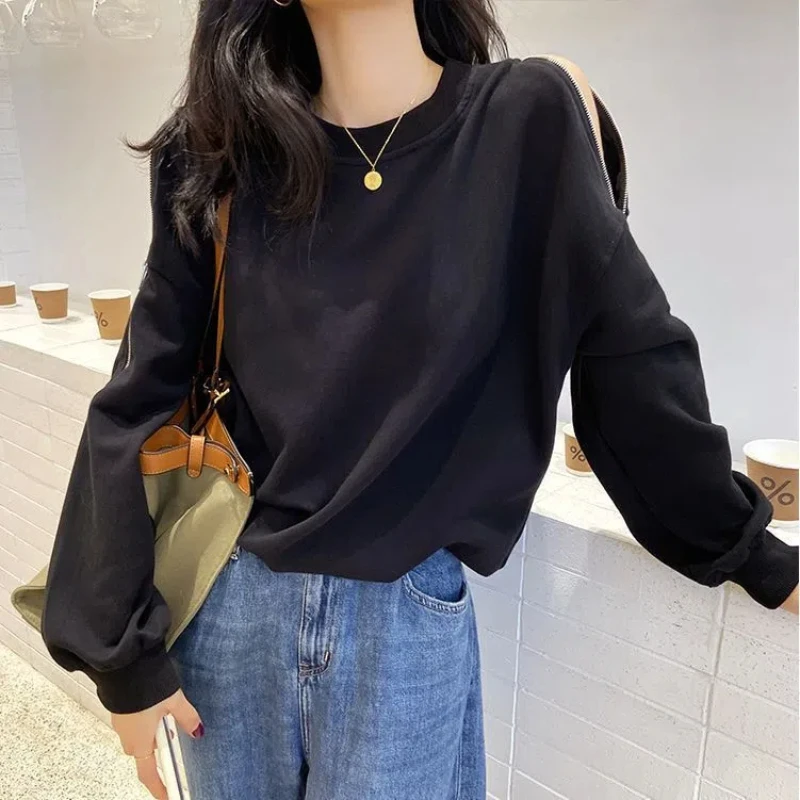 Vintage Zipper Off Shoulder Loose Hoodies Spring Autumn Long Sleeve Solid Hollow Out Trend Tops Casual Fashion Women Clothing