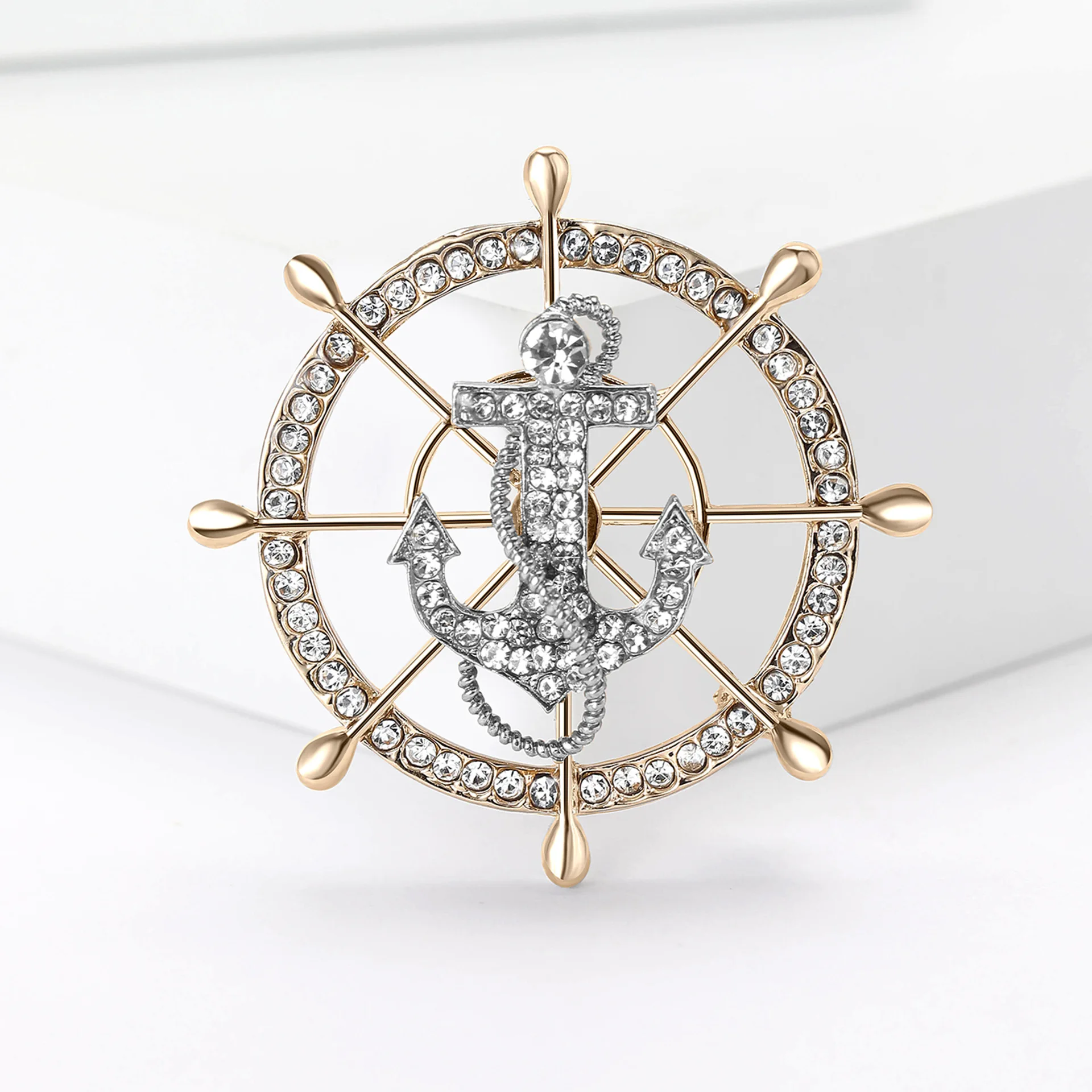 European and American creative alloy full drill rudder anchor brooch naval style exquisite men's clothing brooches jewelry