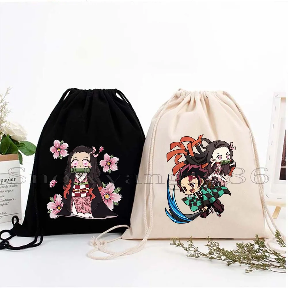 

Cute Chibi Demon Slayer Anime Kimetsu Tanjiro NezukoChan Sakura Tomioka Canvas Drawstring Backpack Sports Sackpack String Bag
