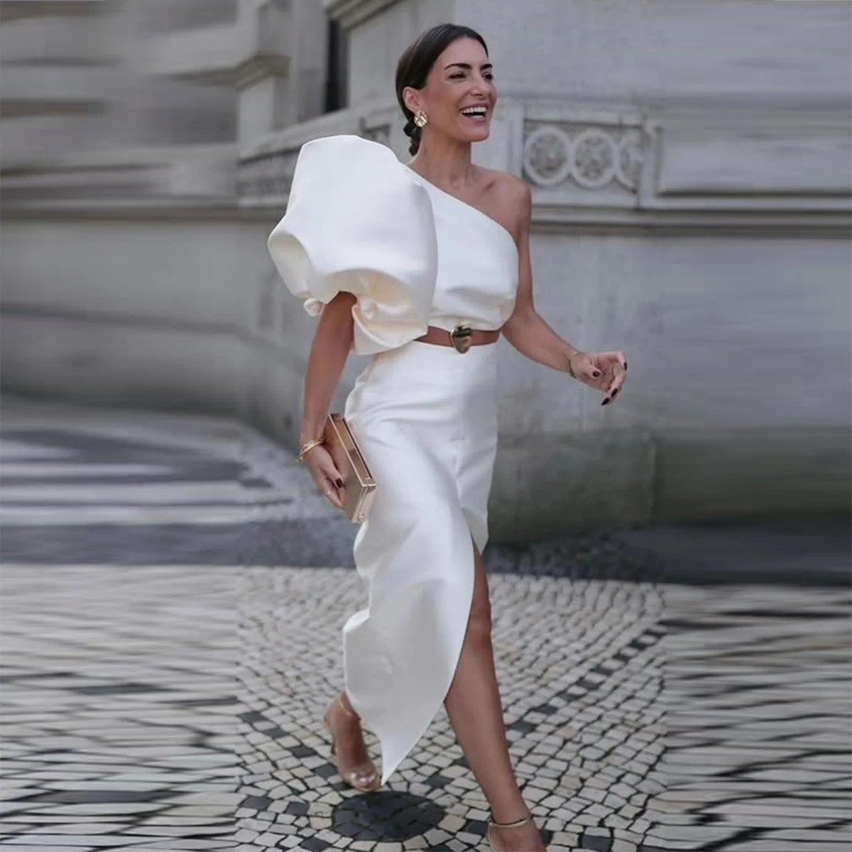 

White Satin One Shoulder Prom Dress Puffy Sleeve Sheath Ankle Length Evening Gowns Women Formal Occasion Party Dress Robe