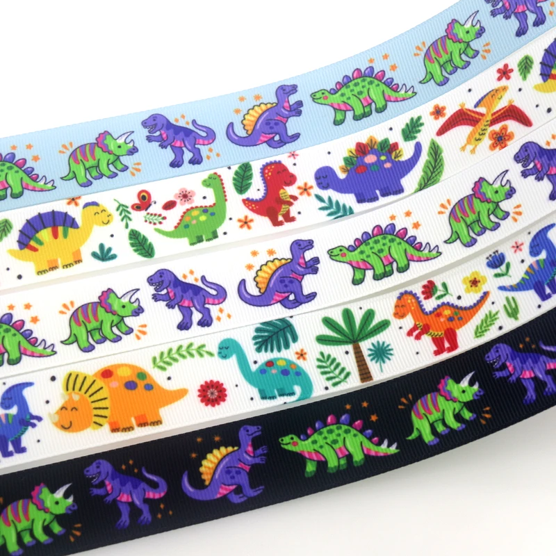 DUWES 50yards Dinosaur Printed Grosgrain Ribbon Accessory Hairbow Headwear Decoration DIY OEM Wholesale D1572