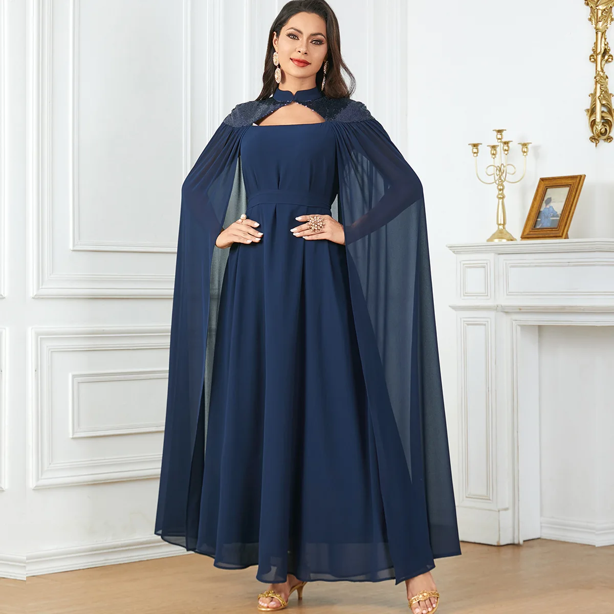 3863 Robe Muslim Clothing Solid Color Fashion Loose Sleeveless Shawl Large Swing Long Dress