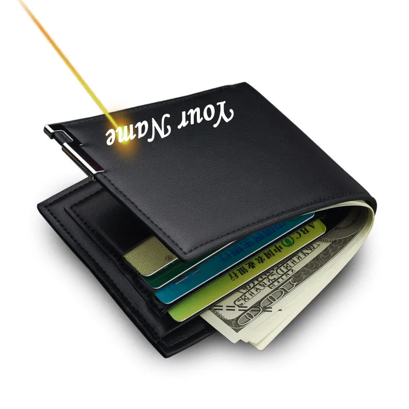 

Короткий мужской кошелек с гравировкой имени и текстом, держатель для карт, держатель для фотографий, тонкий мужской кошелек, подарок высокого качества для него, юбилей на день рождения