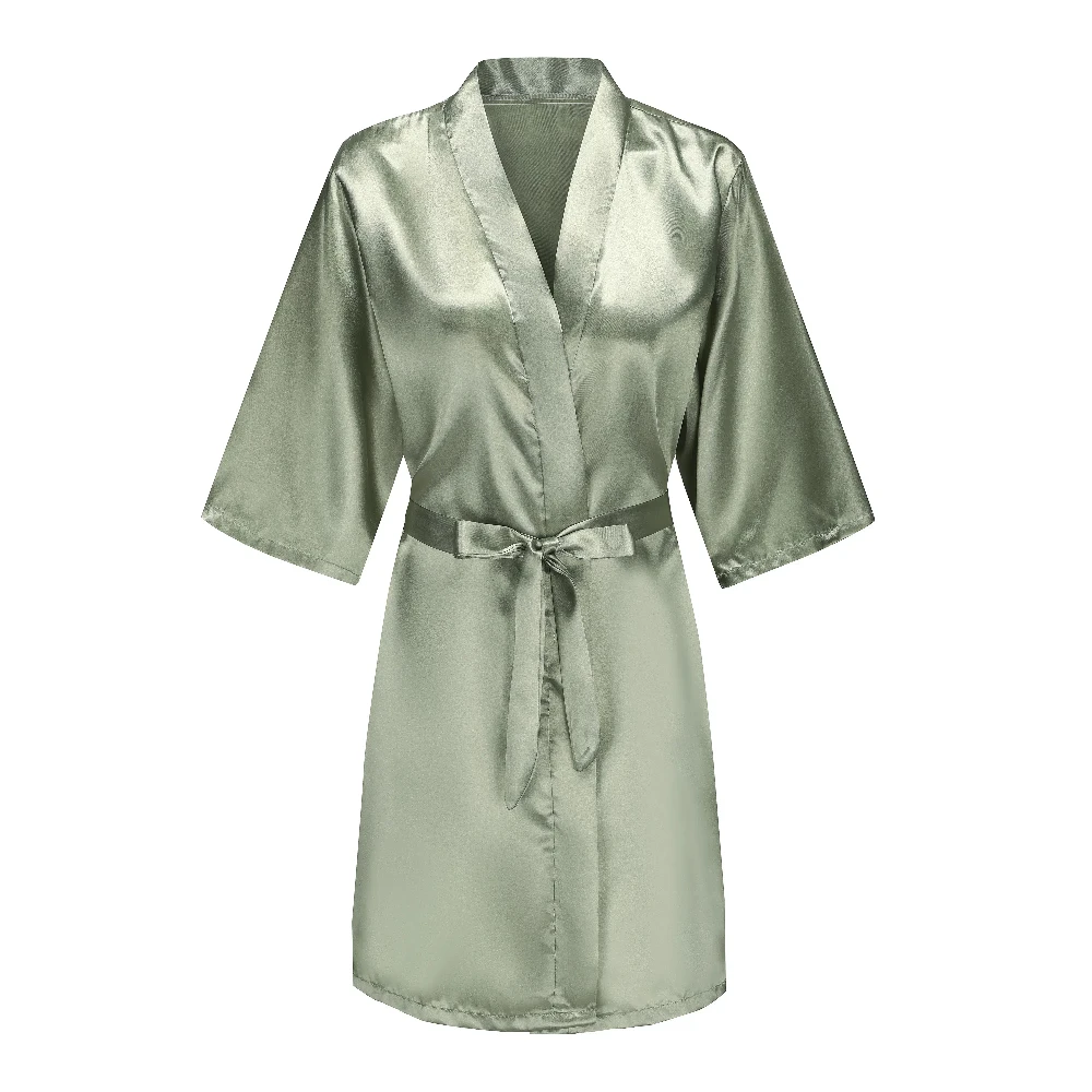Wedding Party Bridesmaid Maid of Honor Robe With Black Writing Letter Women Lady Grass Green Satin Bathrobe Kimono