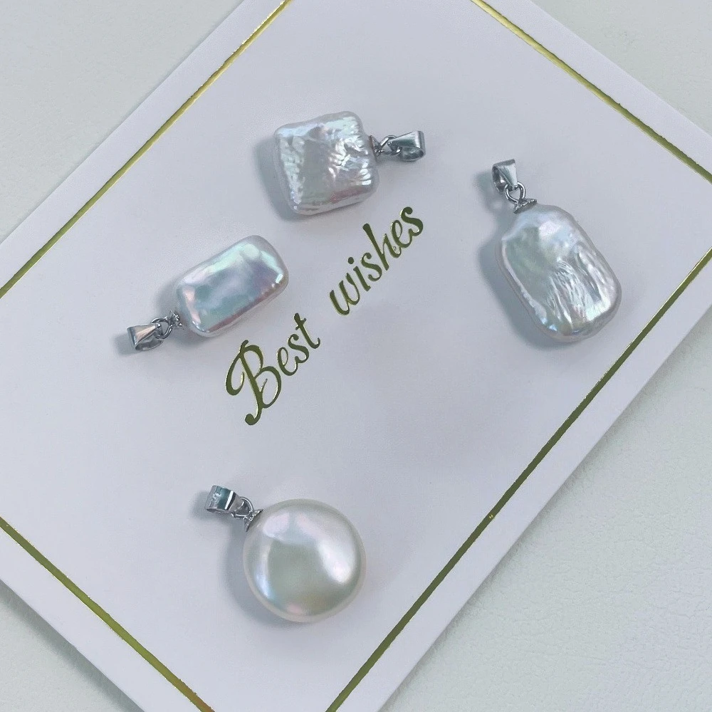 

9-10mm Button Square Rectangle Baroque Freshwater Pearl Pendant 925 Sterling Silver Pendant Head Wholesale