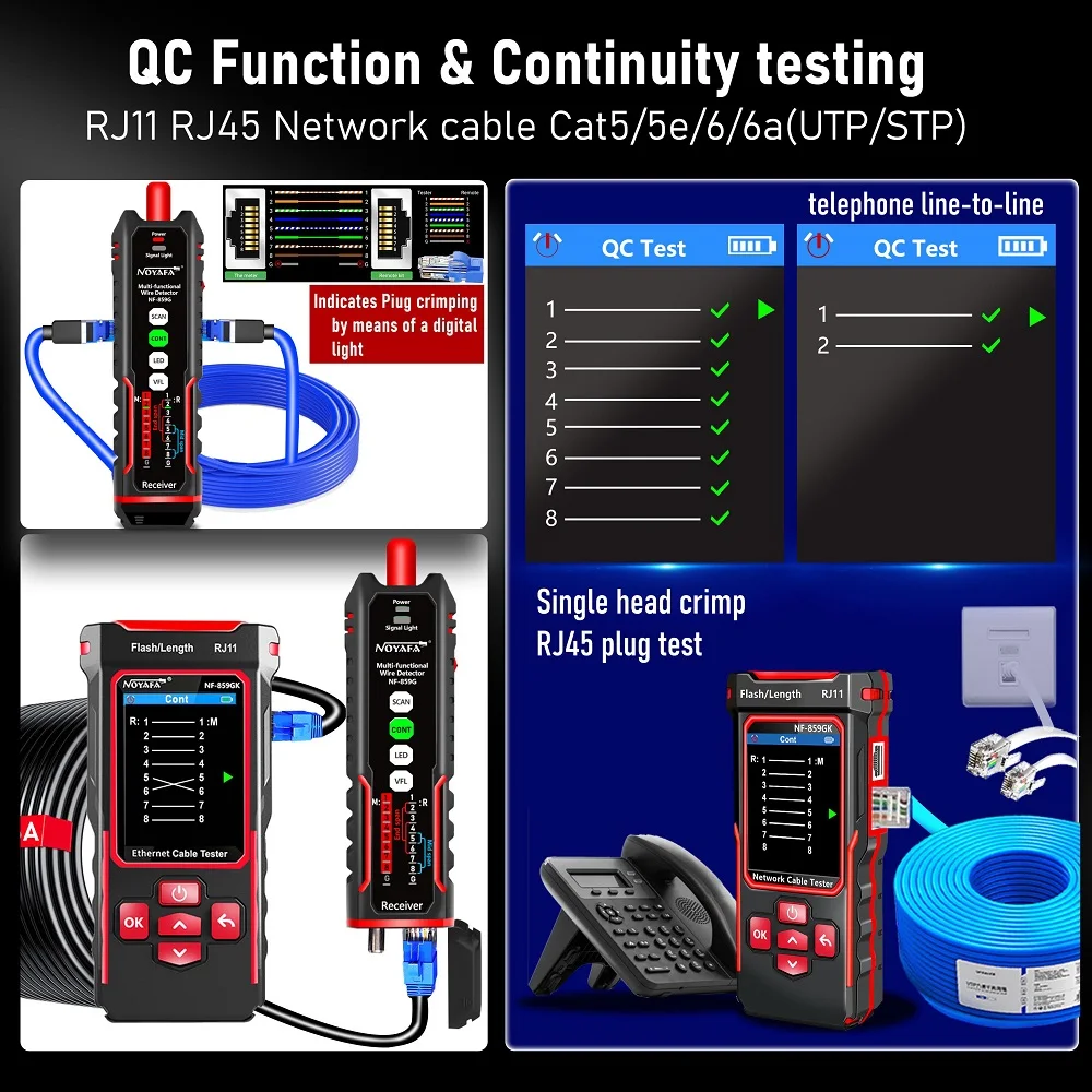 NF-859GK Network Tester Line Finder Red Light Single Head Crimping Length Breakpoint IP Scanning PING Charging Type for Networki