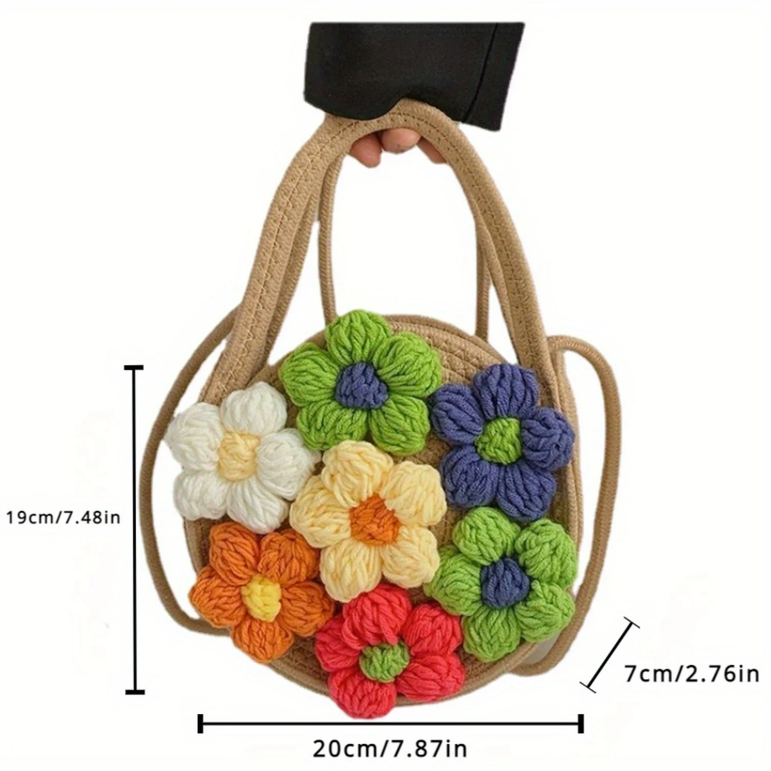 

Flower Crochet Round Bag, Woven Beach Hangbag, Small Shoulder Bag, Sweet Crossbody Bag