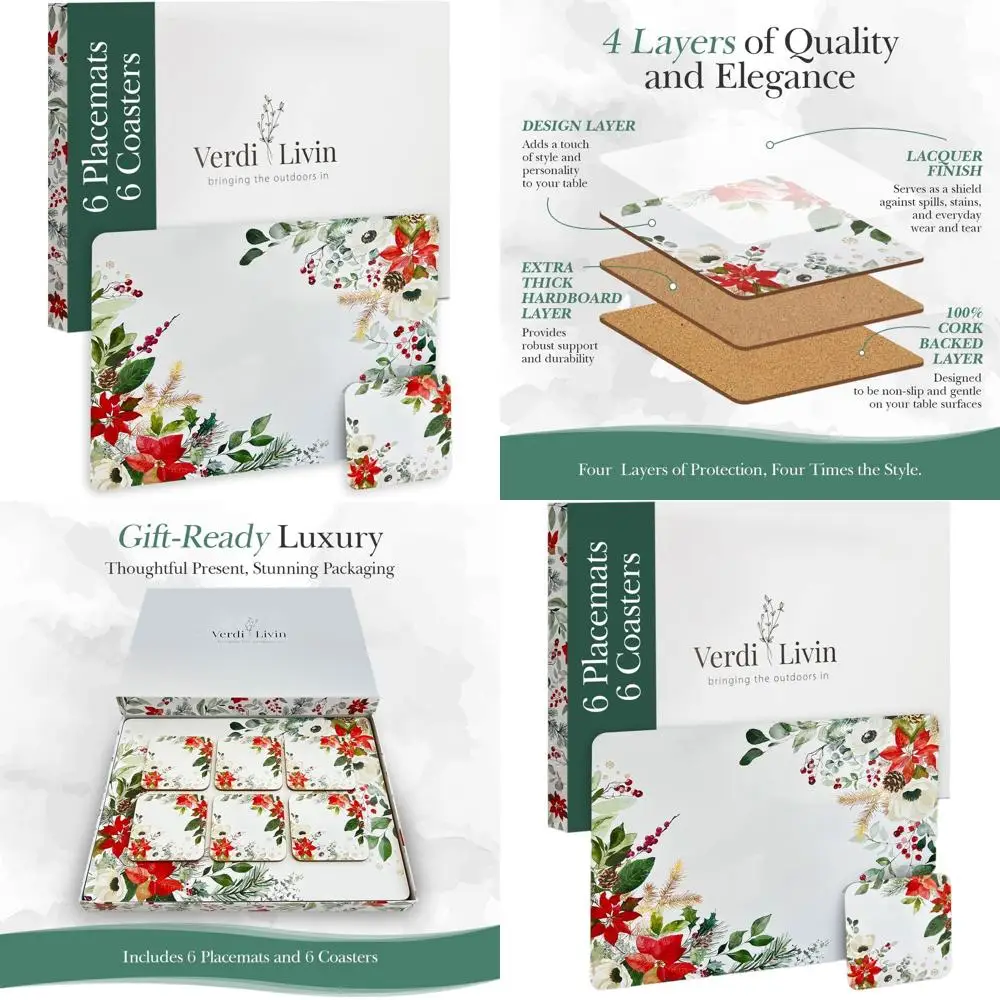 

Set of 6 Heat-Resistant Wipeable Cork Placemats, 16 x 12, Red Lower Design for Dining Tables