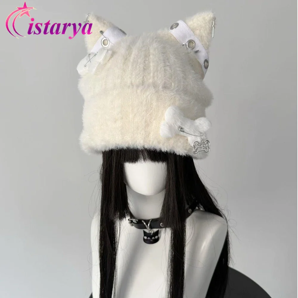 Gothic Grunge Cross Bone Beanie Hat Harajuku Kawaii Japaness Knitwear Cat Cap Winter Warm YK2 Chic Streetwear Knitted Women Hat