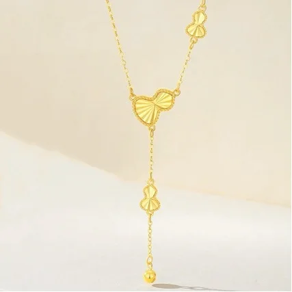 24K Fortune Necklace Womens Tassel Gourd Pendant AU999 Pure Gold Set Necklace Birthday Gift for Girlfriend