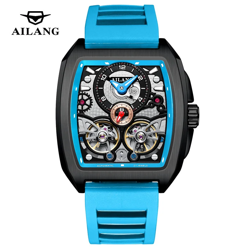 

AILANG Brand New Luxury Double Tourbillon Watch Men Sports Silicone Strap Waterproof Fashion Skeleton Mechanical Watches Mens