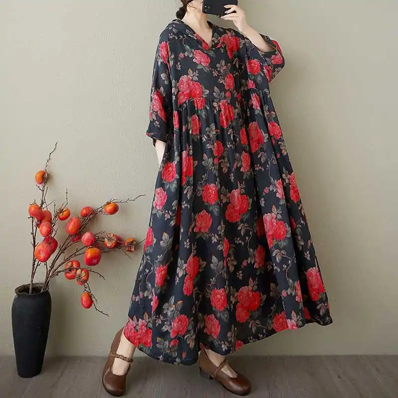 

Loose Hooded Floral Print Maxi Dress 3/4 Sleeves Plus Size Summer Casual Long Dress for Women