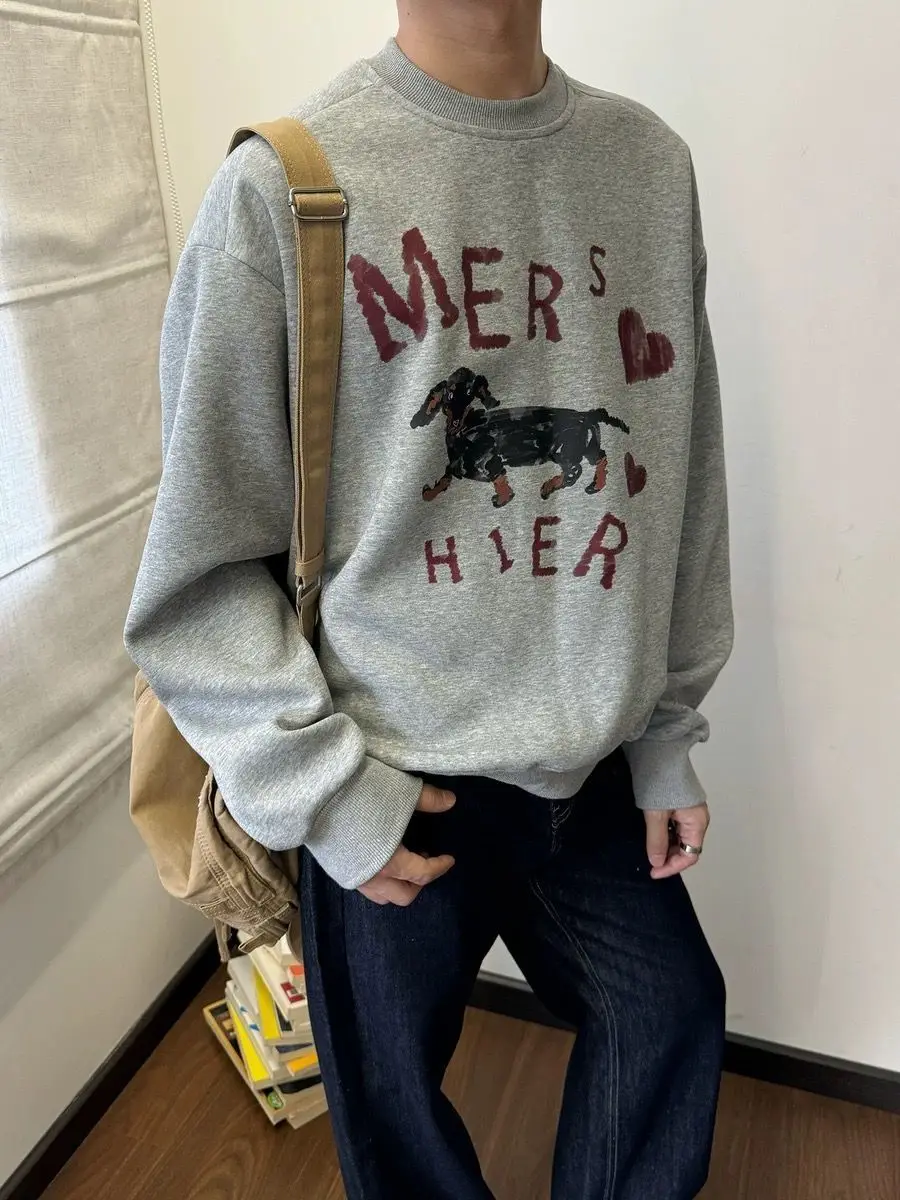 Loose large size American men's autumn and winter velvet thickened casual round neck printed letter puppy sweatshirt y2k tops