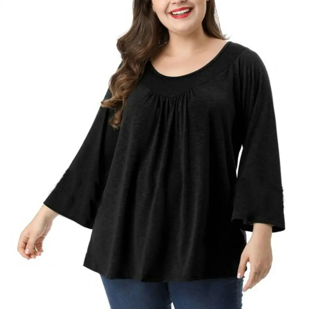 

L-4XL Plus Size Shirt Women Top Round Neck Pleated Loose Long Horn Sleeve Casual Pullover Ladt T-shirt Blouse blusa feminina