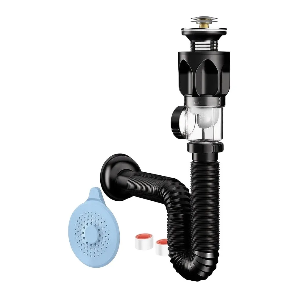 Flip Over Basin Drain Stopper Kit for Bathroom Sink with For Flexible Drain Hose 30cm ABS Black Tool Free Installation