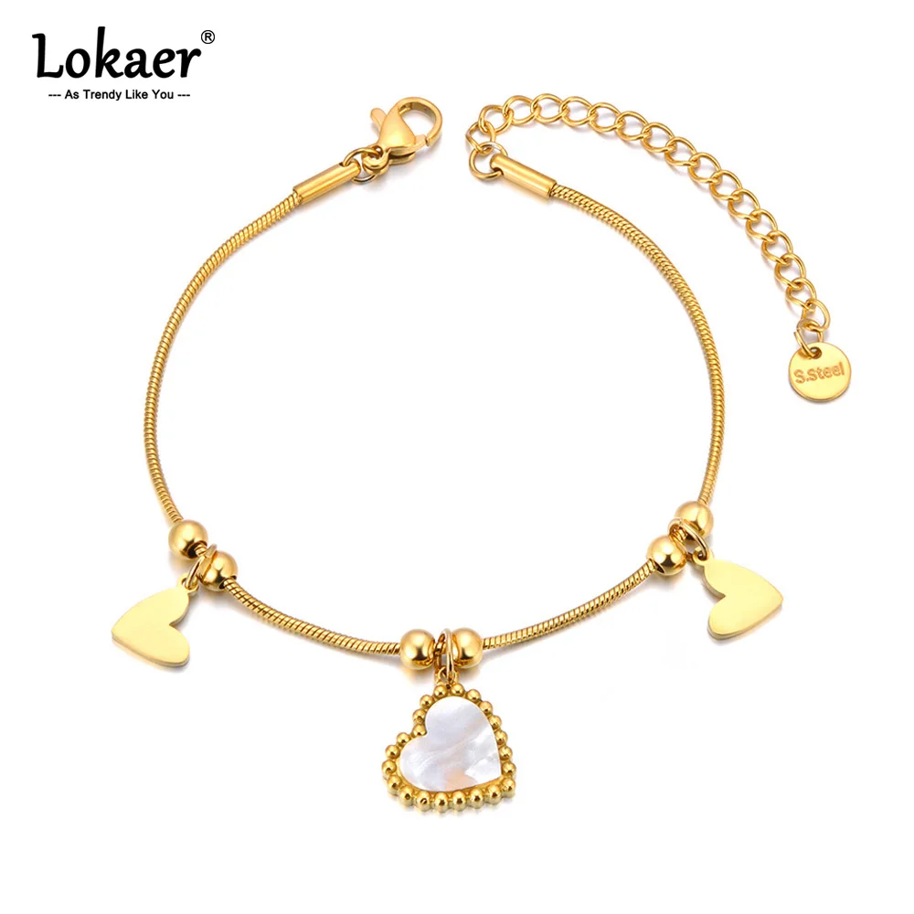 Lokaer Edelstahl Romantische Herz Natürliche Shell Charme Armbänder für Frauen Mode Kette Rostfrei Goldene Schmuck B23159
