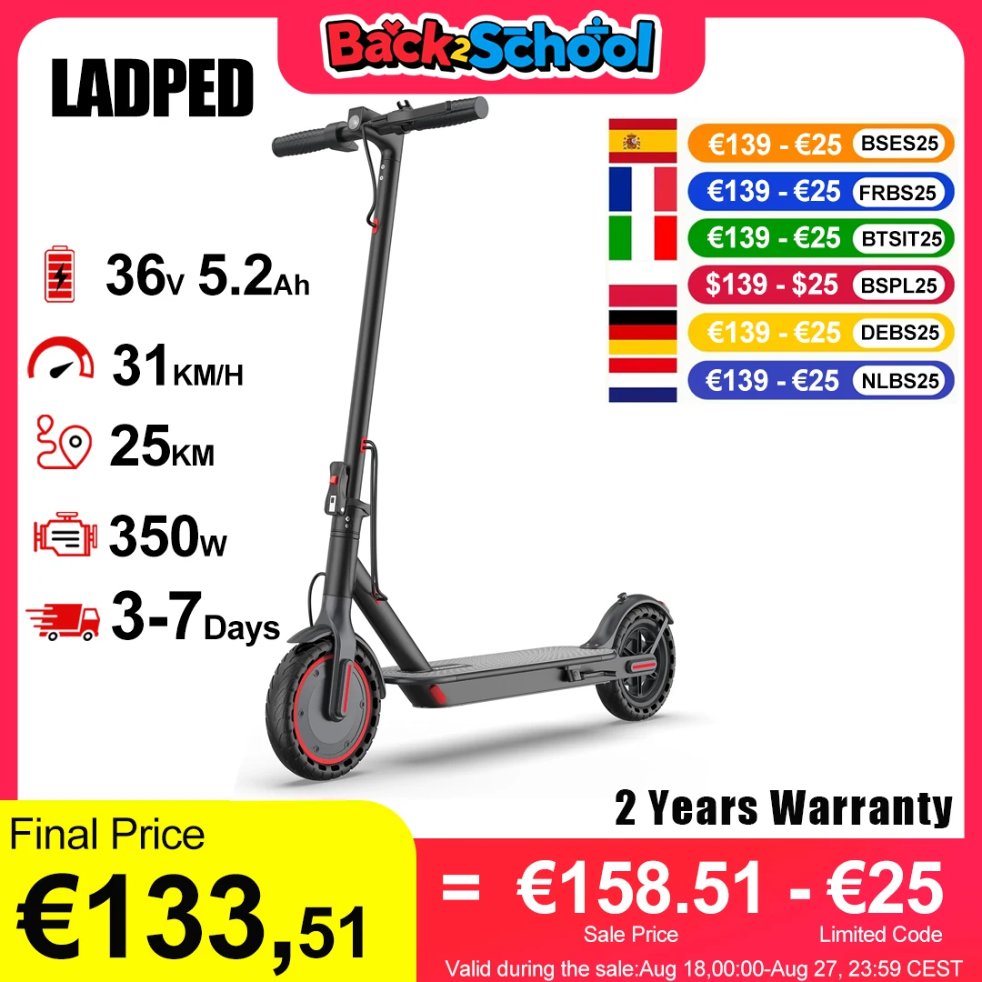 Scooter elettrico LADPED 350W 31KM/H APP Smart Control Scooter Pneumatico da 8,5 pollici Scooter elettrico pieghevole 25KM Gamma massima per adulti