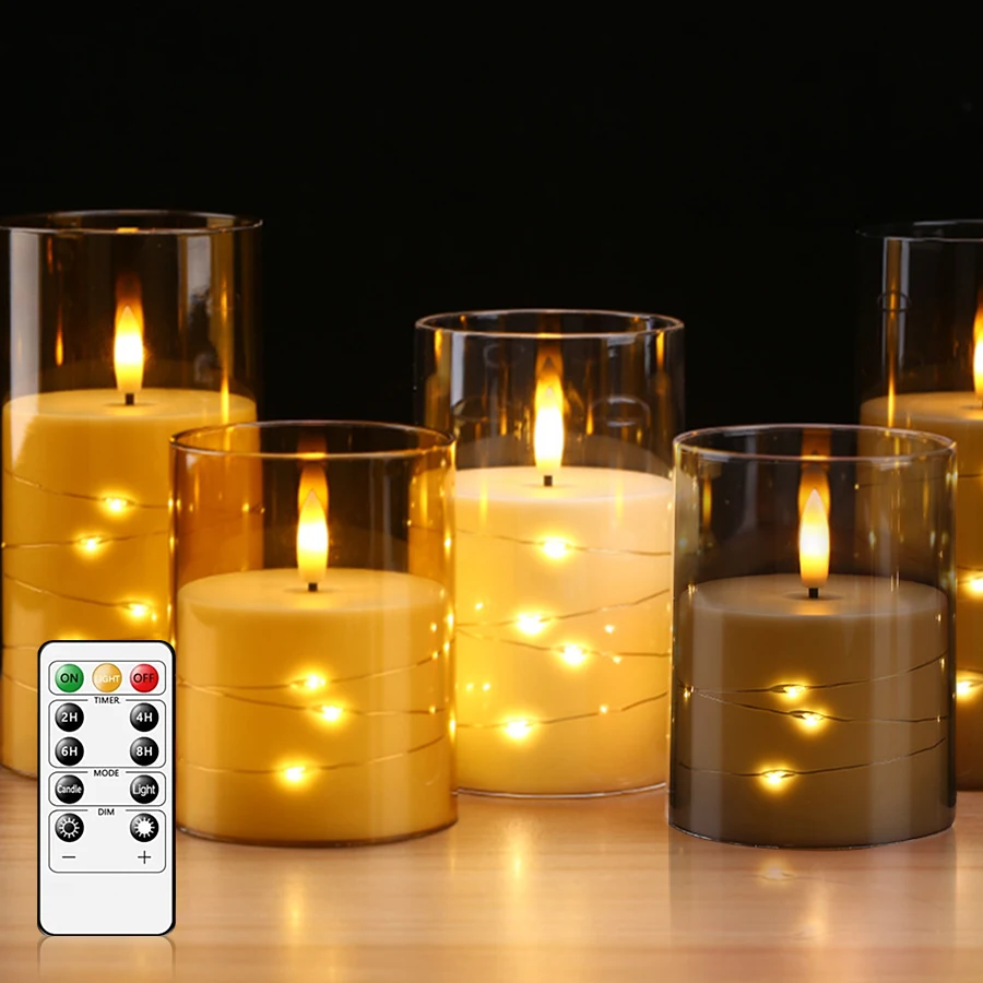 Battery Operated Flickering Flameless Candles Acrylic Electric Candle With String Lights For Wedding Halloween Christmas Decor