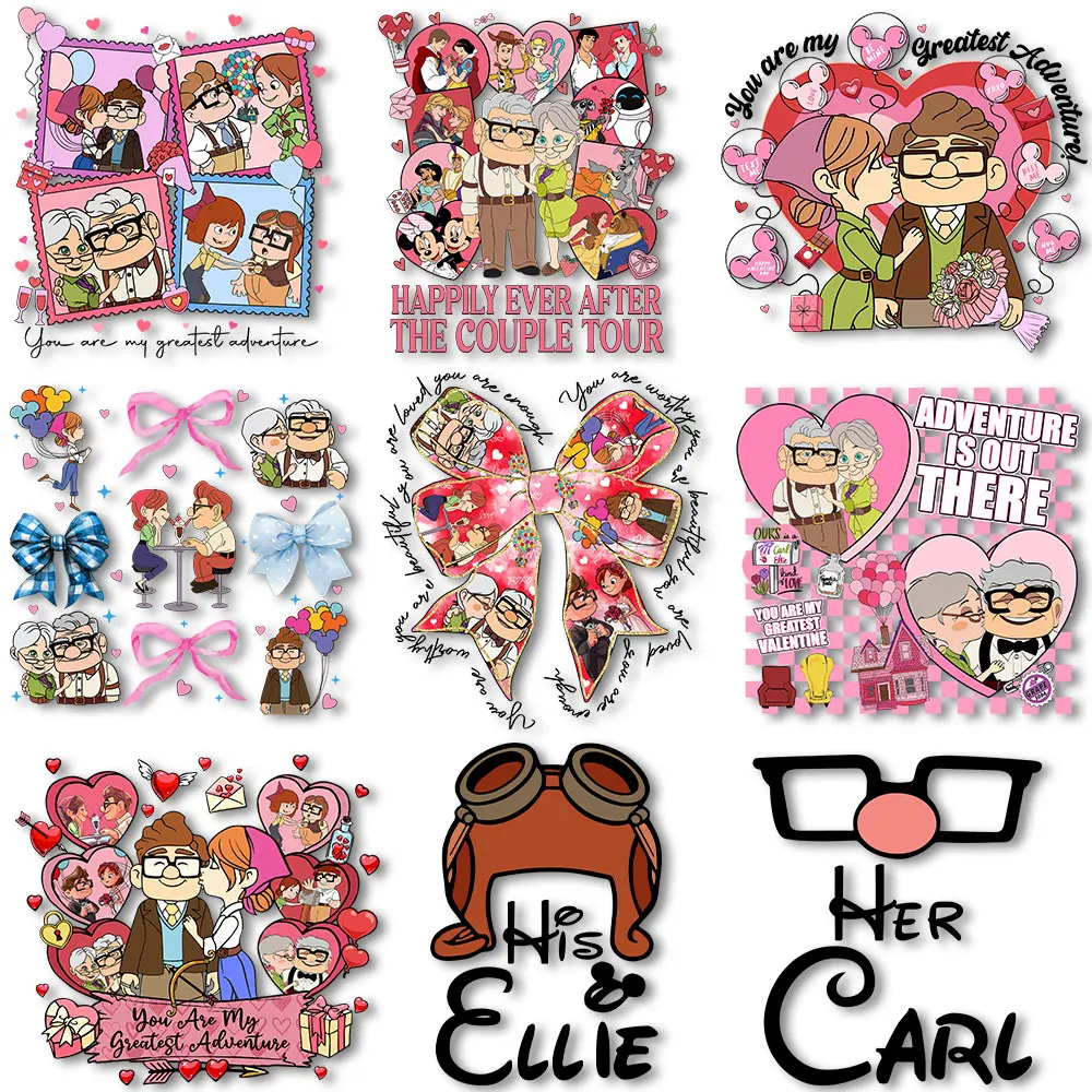 Valentine's Day Love Ellie and Carl UP Movie Iron on Decals Heat Transfer Stickers for Tshirts Thermal Patches DIY Clothes