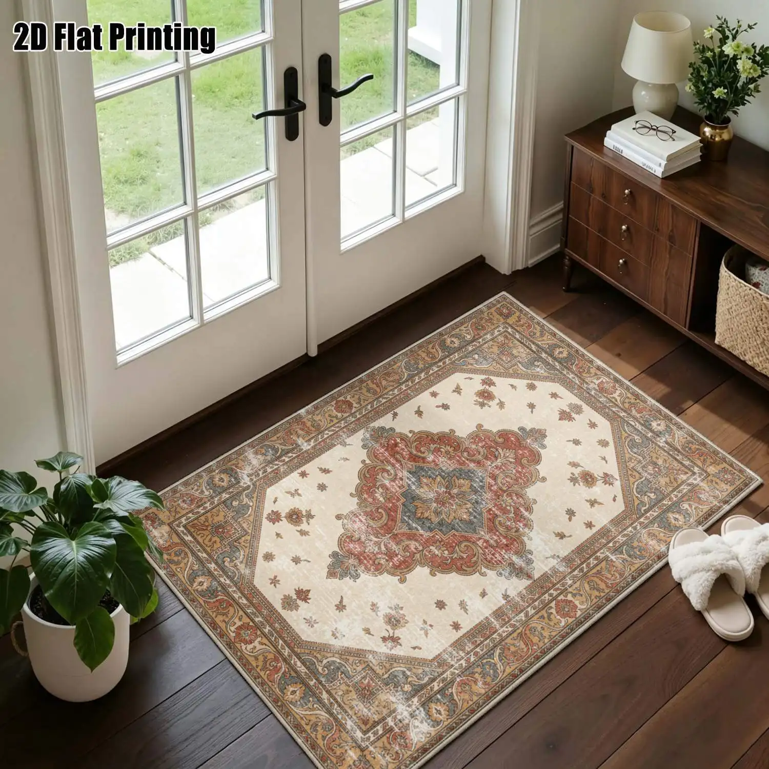 1Pc 2D Printed Retro Brown Blue Floral Carpet: European/Retro/Instagram Style for Home Decor, Multi-Size, Machine Washable, Usable as Entrance/Dining/Foyer/Study/Living/Bedroom Mat