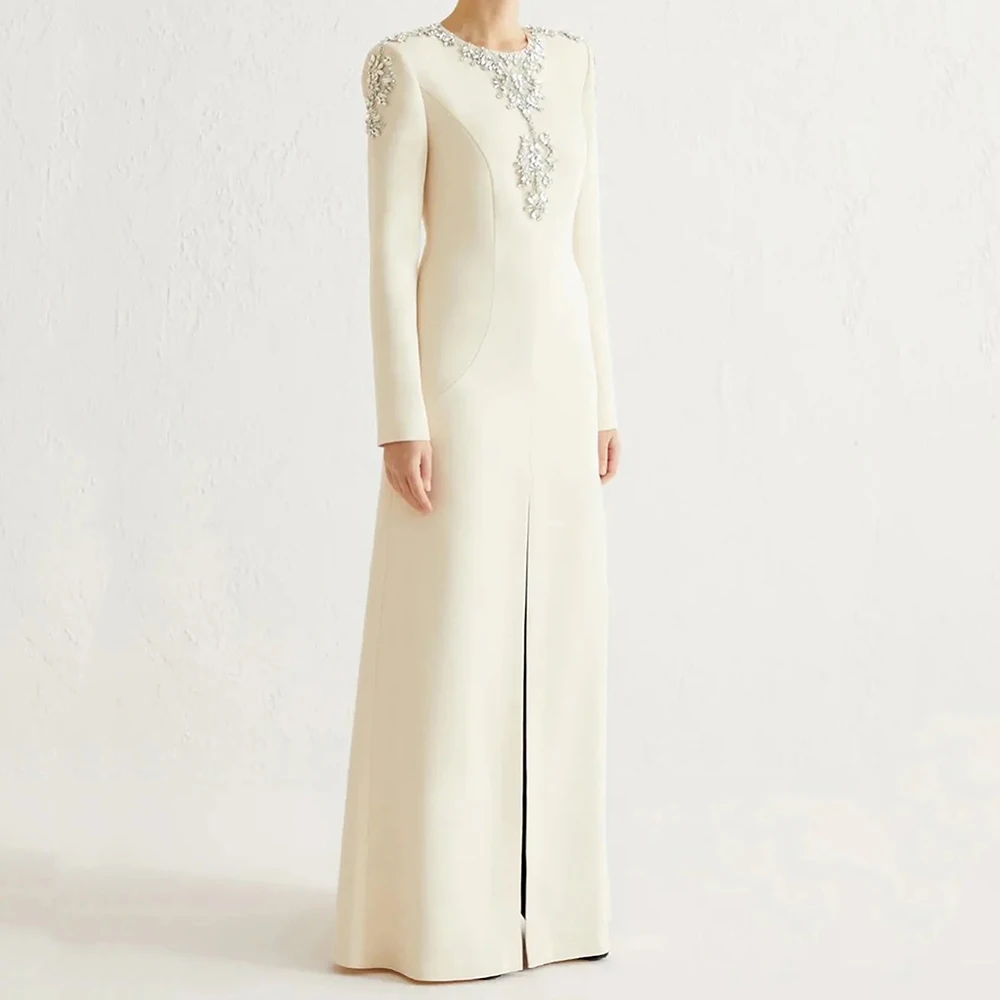 

Вечерние платья трапециевидной формы по индивидуальному заказу, длиной до пола, с круглым вырезом и длинными рукавами, платье для выпускного вечера, модное кристальное простое драпированное изысканное вечернее платье