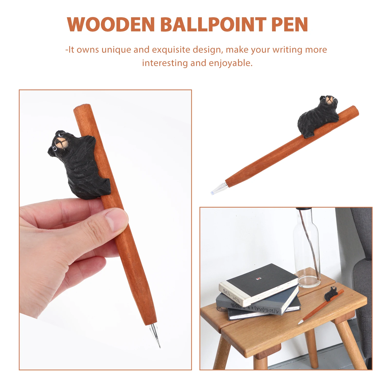

Black Bear Wooden Carving Pen Engraving Small Animal Animals Ballpoint Pens for Writing Student Cartoon