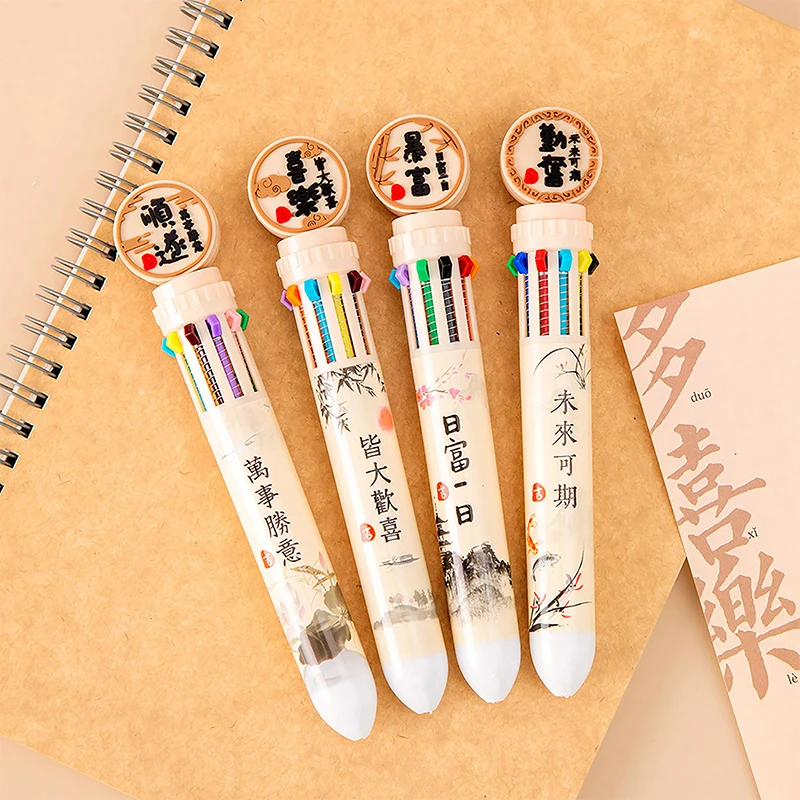 

Chinese Style Press Ballpoint Pen Kawaii Creative Learning Stationery Ten Color Ballpoint Pen Holiday Gifts School Supplies