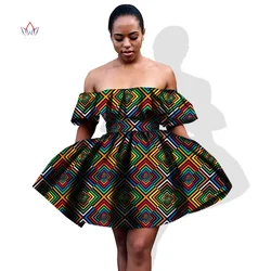 Bintarealwax Summer African Dress for Womans Mini Puff Sleeve African Dresses Plus Size Dress Strapless Ball Gown WY1046