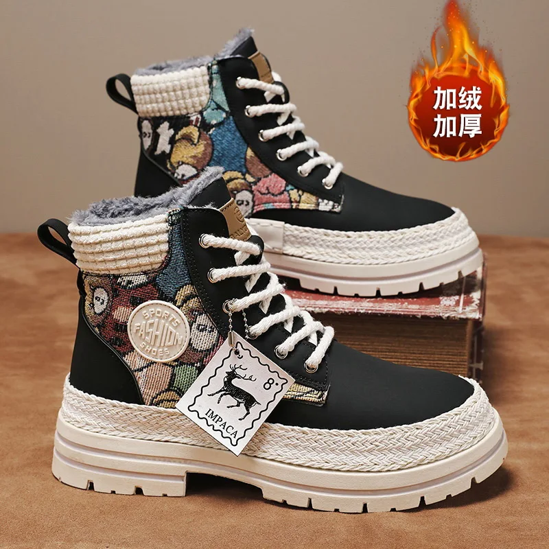 

Shoes for Men High-top Cowboy Retro Short Boots Casual New Trendy Tooling Boots Velvet Cotton Ankle Boots Men Shoes Botas Hombre