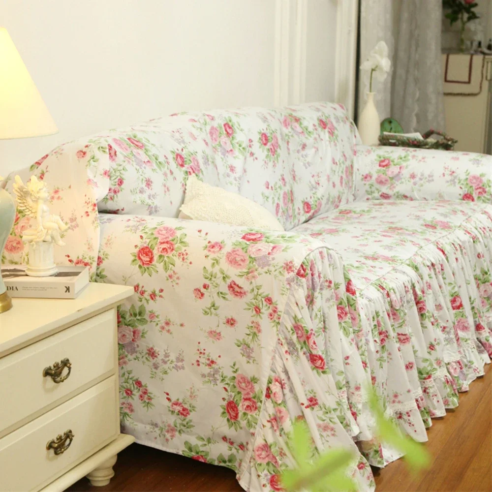 Korean Princess Style Sofa Cover Powder Rose Garden Lace Pure Cotton Sofa Towel Home Decoration Pastoral Style Sofa Cover