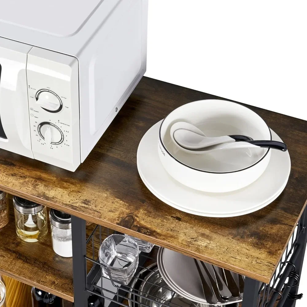 

Kitchen Island Cart, Utility Storage Shelf Coffee Cart Station w/ 6 Storage Shelves & 6 S-Shaped Hooks & Protective, Customized