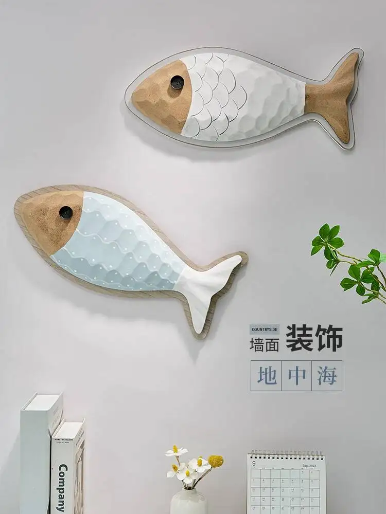 Mediterranean Wooden Creative 3D Fish Wall Decoration Hanging for Children's Room Living Room Dining Room Background Wall