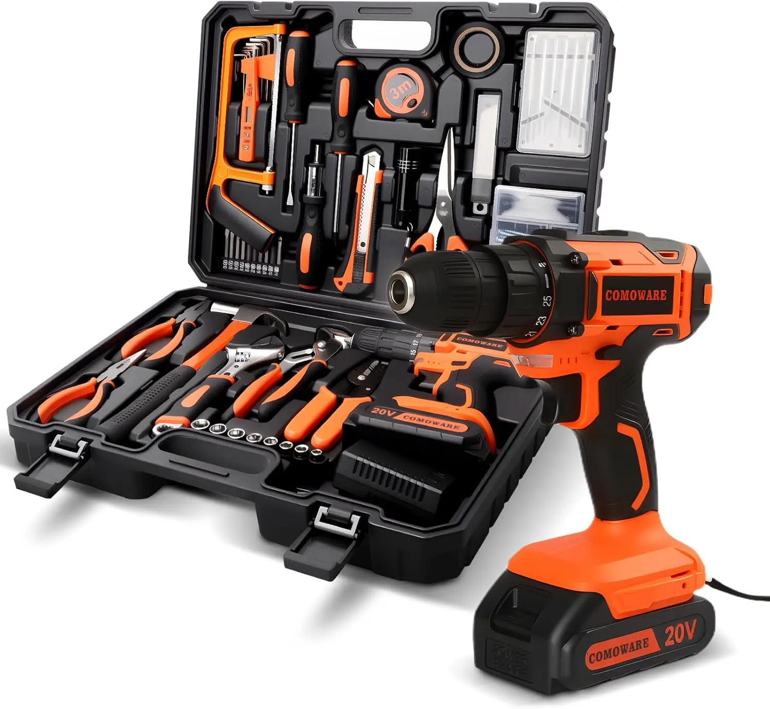 

20V Cordless Drill Driver with 120-Piece Hand Tool Kit in Plastic Toolbox for Home DIY Projects