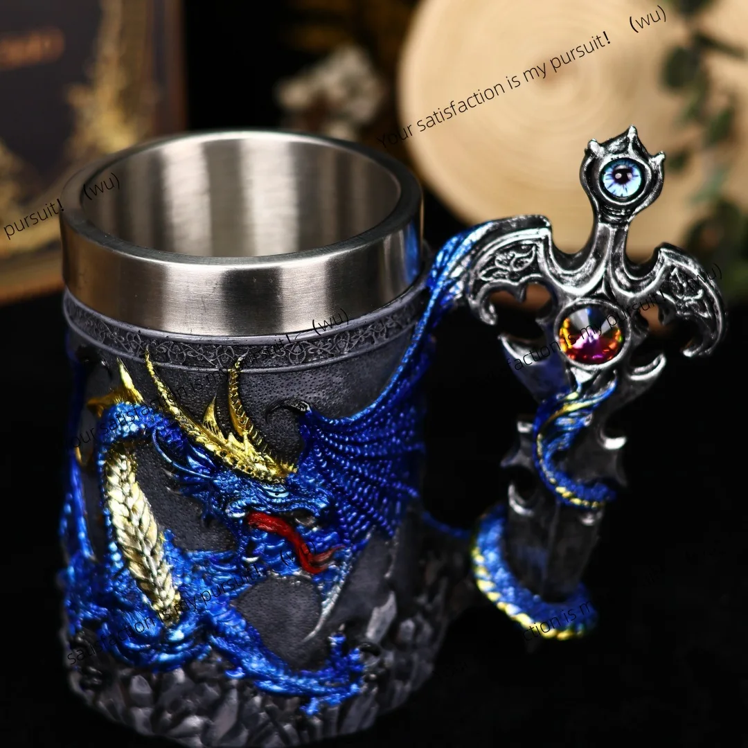 European Dragon Knight Mark Coffee Cup Creative Dragon Warrior Water Cup Stainless Steel Inner Tank Large Capacity High Value
