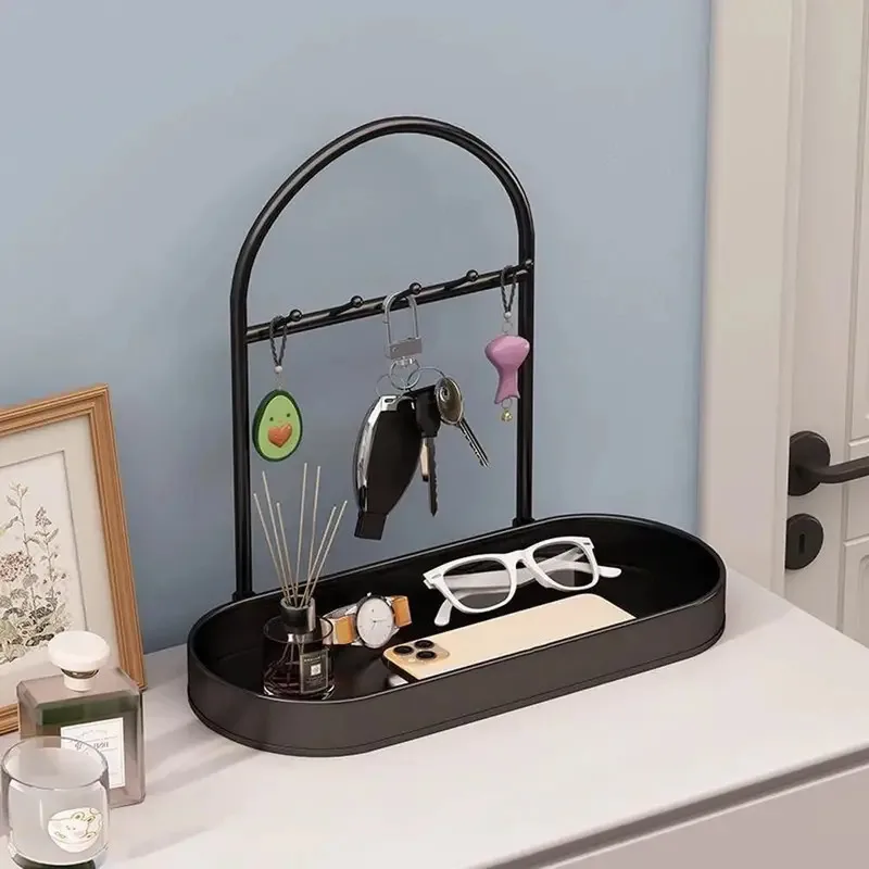 

Multi-Function Iron Cosmetics Storage Rack with Hooks Simple Desktop Tray Creative High-capacity Jewelry Display Plate Entrance