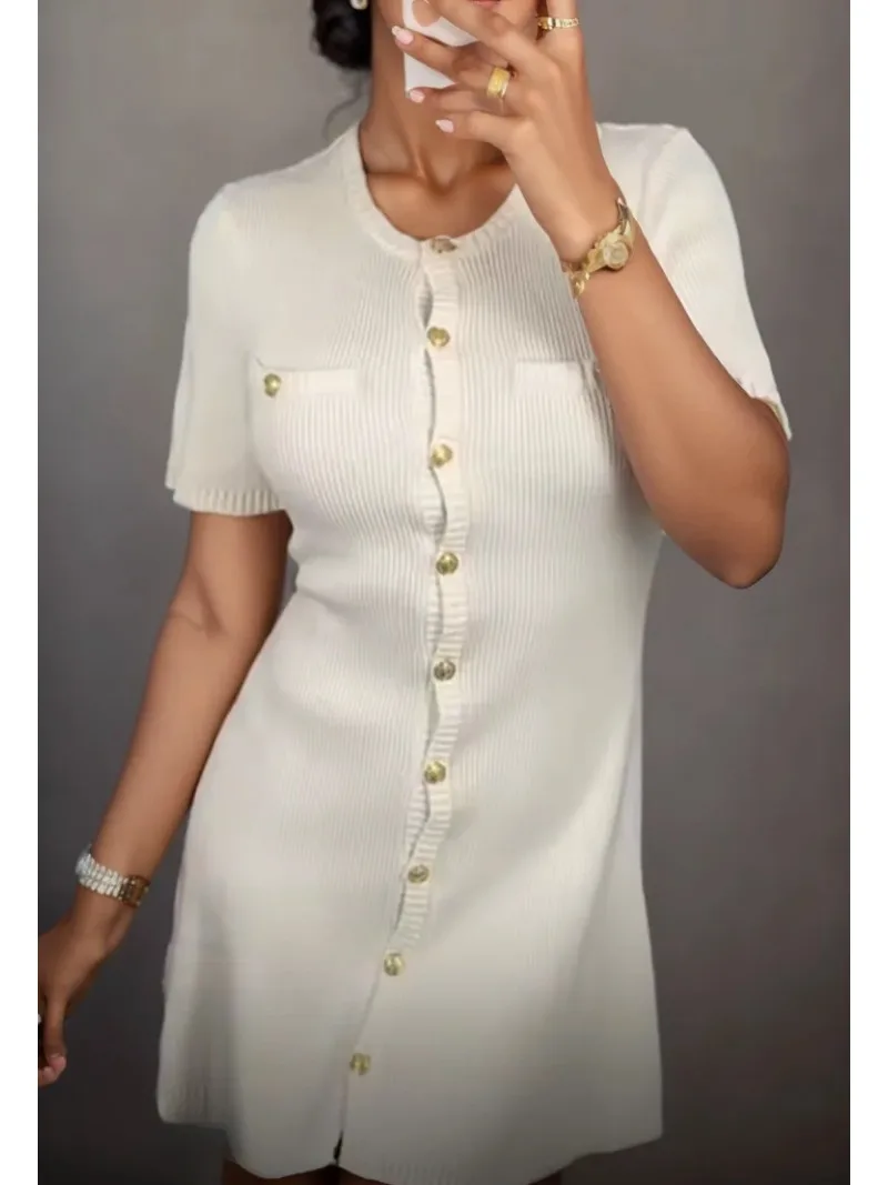 

Women Short Sleeve Knit Vintage Mini Dress 2025 Spring New Women Fashion Simple Slim Button Decoration Wool Short Dress Elegant
