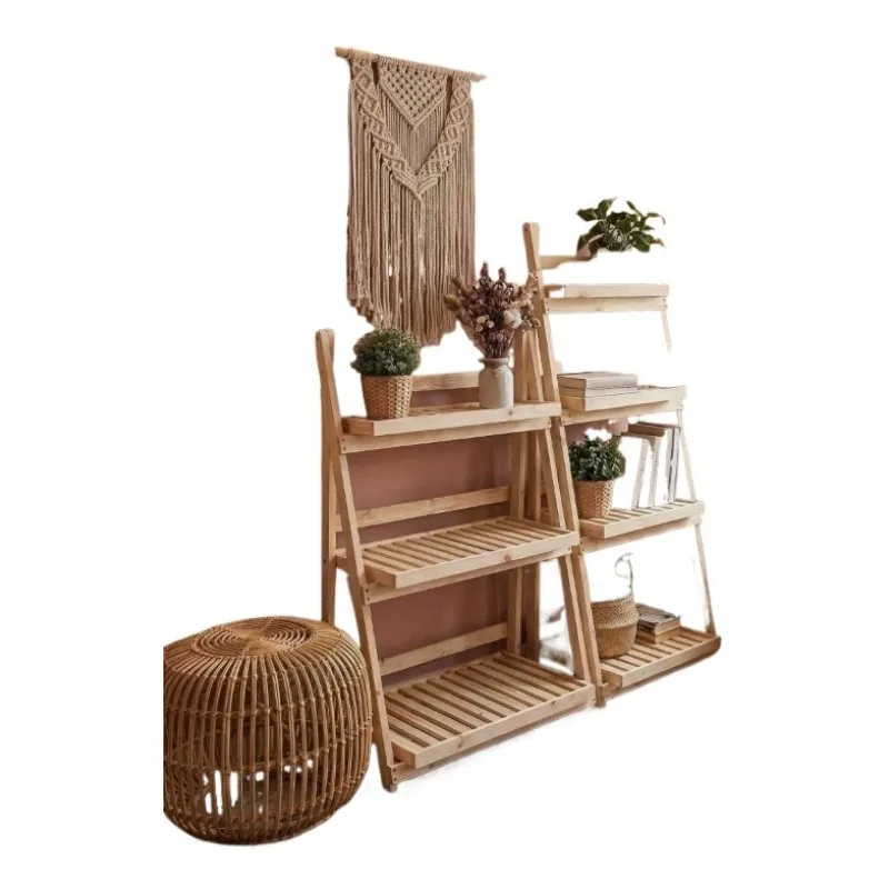 Folding green plant shelf flower shelf balcony multi-layer floor-to-ceiling flower stand mobile flower stand solid wood