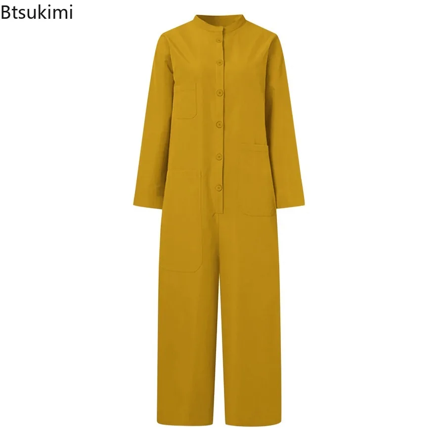 2024 Women\'s Casual Solid Jumpsuits Fashion Stand Collar Long Sleeve Multi Pocket Shirt Rompers Females Loose Wide Leg Overalls
