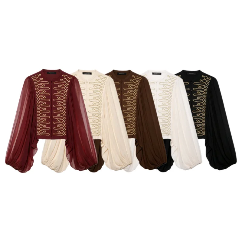 Womens Vintage Royal Gold Embroidered Chiffon Blouse Long Puff Sleeve Short Shirt Casual Elegant Chic Gothic Party Tops Outfits