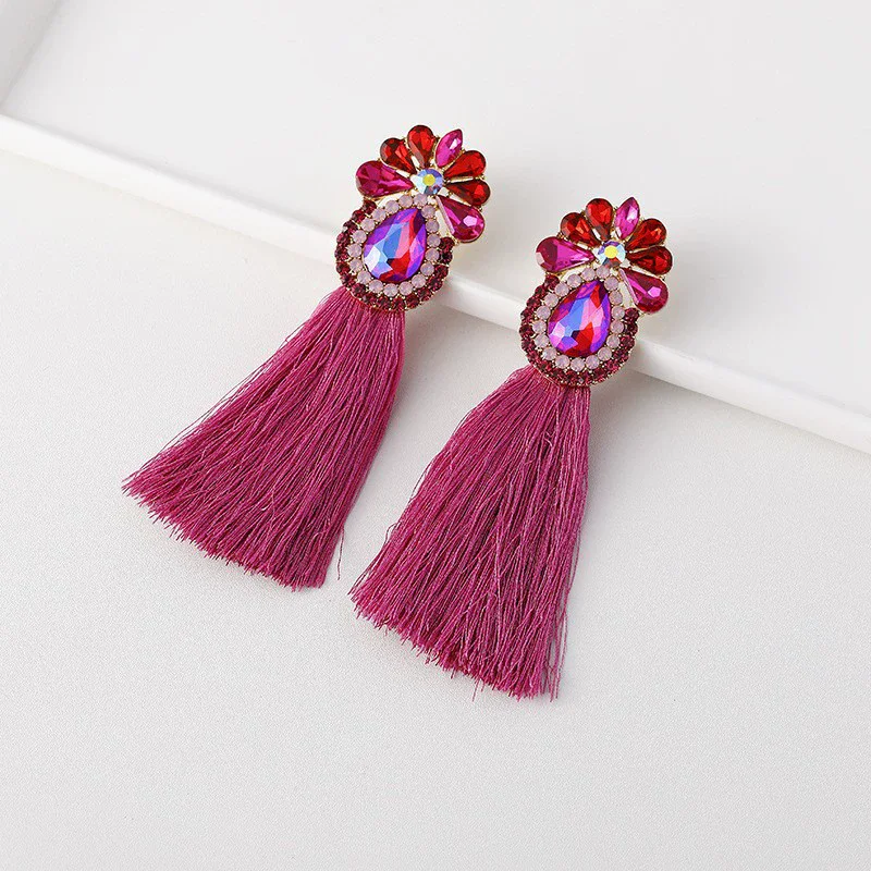 Nuevos pendientes fucsia con cadenas de borlas, joyería para mujer, pendientes de tuerca con diamantes de imitación para fiesta de boda