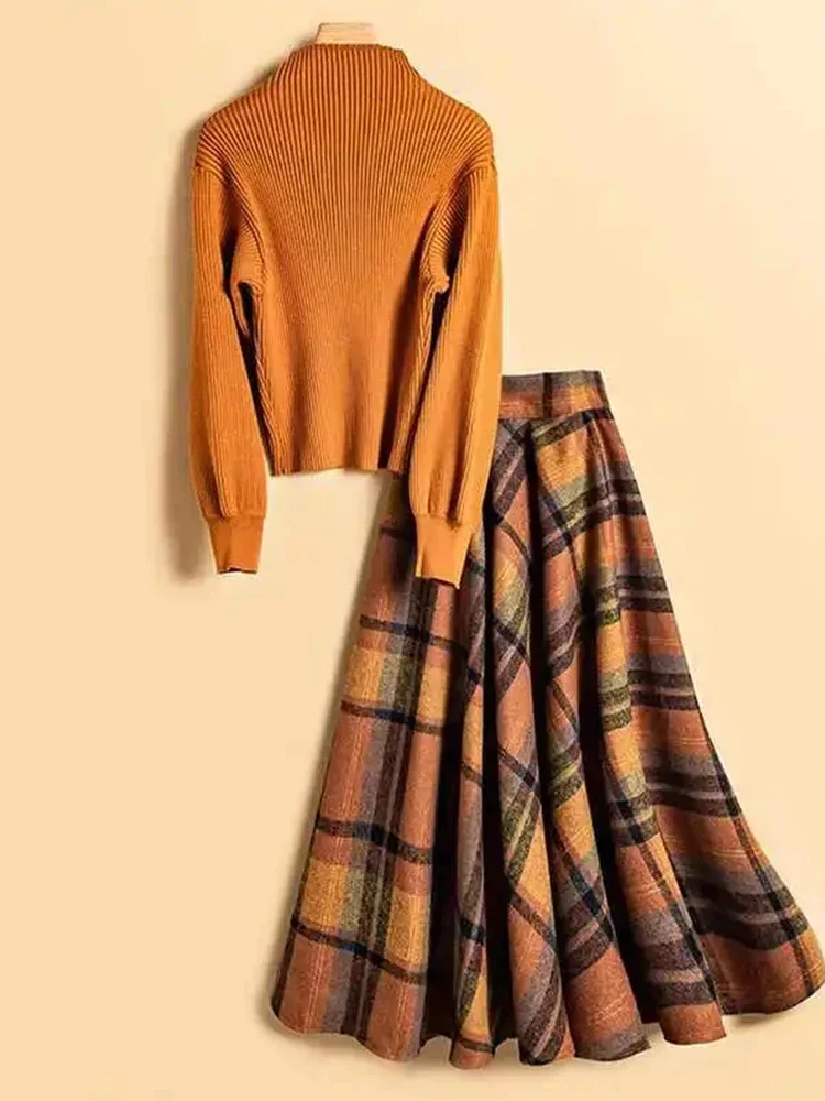 Korean Autumn Retro Sweater Suits Women Elegant Lantern Sleeve Knitted Sweater Pullover and Plaid A-line Skirt Two Pieces Sets