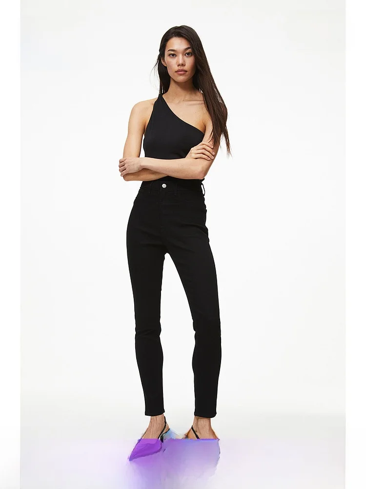 

High Waist Ankle-Length Denim Jeans Women's Fashionable Base Layer Long Trousers HM 1152457 Cotton Polyester Viscose Spandex