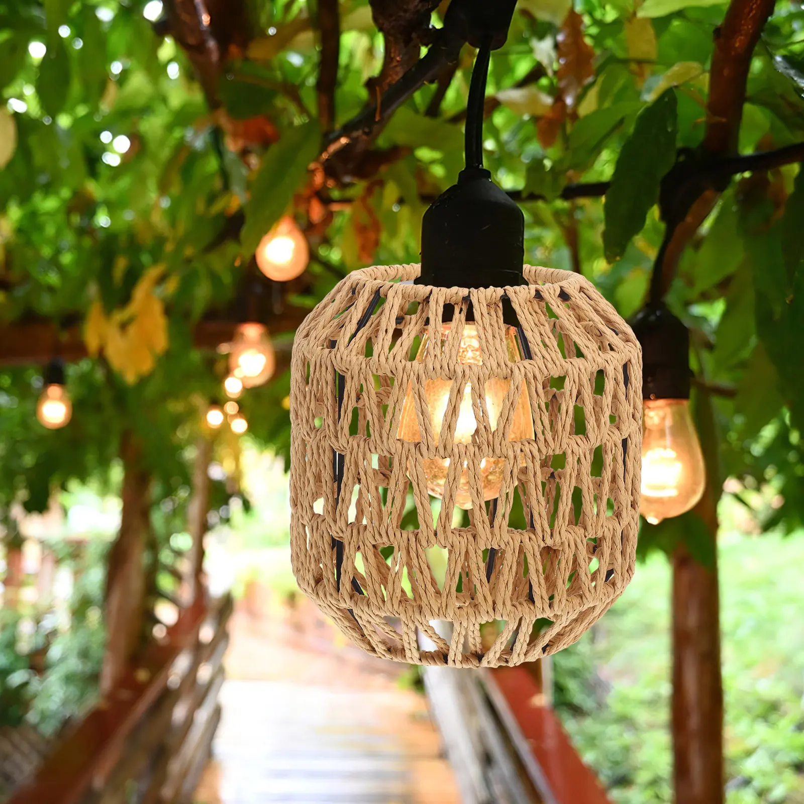 Handwoven Paper Rope and Iron Lampshade Boho Rustic Pendant Light Shade for Dining Room Hallway Cafe Ceiling Fixture Decorative